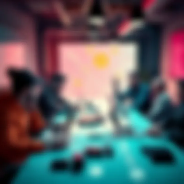 A group of startup founders discussing white label crypto wallets at a meeting table with laptops and digital devices