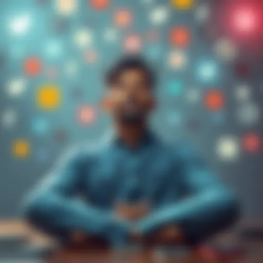 A person meditating while surrounded by distractions like phones and social media icons, showing the importance of focus and commitment.