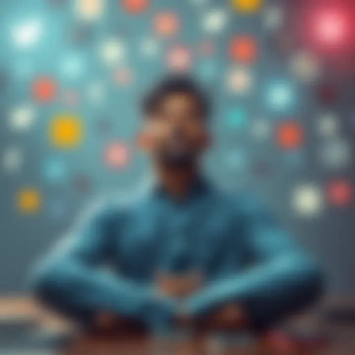 A person meditating while surrounded by distractions like phones and social media icons, showing the importance of focus and commitment.