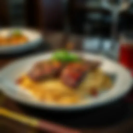 A plate with steak and spaghetti garnished with herbs, served on a table in China