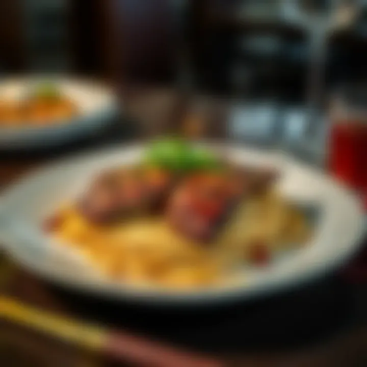 A plate with steak and spaghetti garnished with herbs, served on a table in China