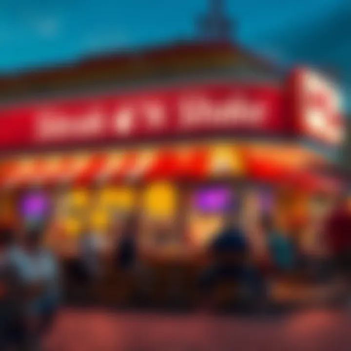 A Steak N Shake restaurant with a digital display showing bitcoin symbols and happy customers enjoying their meals.