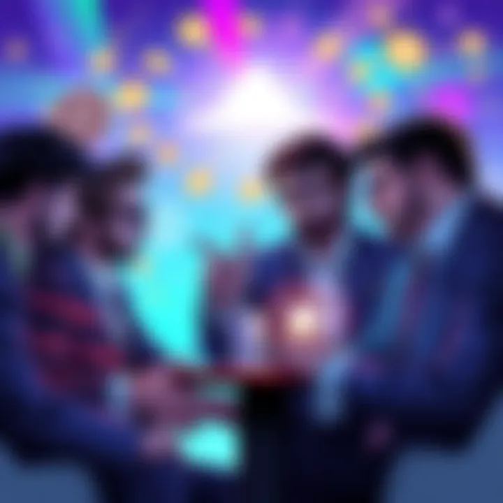 An illustration of leaders from the Stellar network engaging in a discussion about smart contracts and payments, with digital currency symbols in the background.