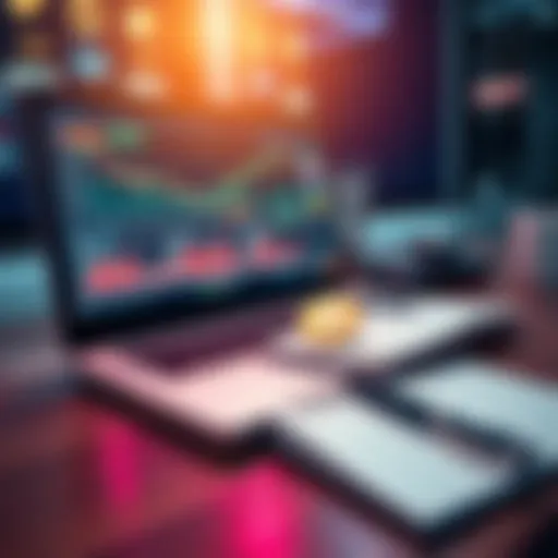 A laptop displaying stock charts and cryptocurrency symbols with a notebook and pen beside it