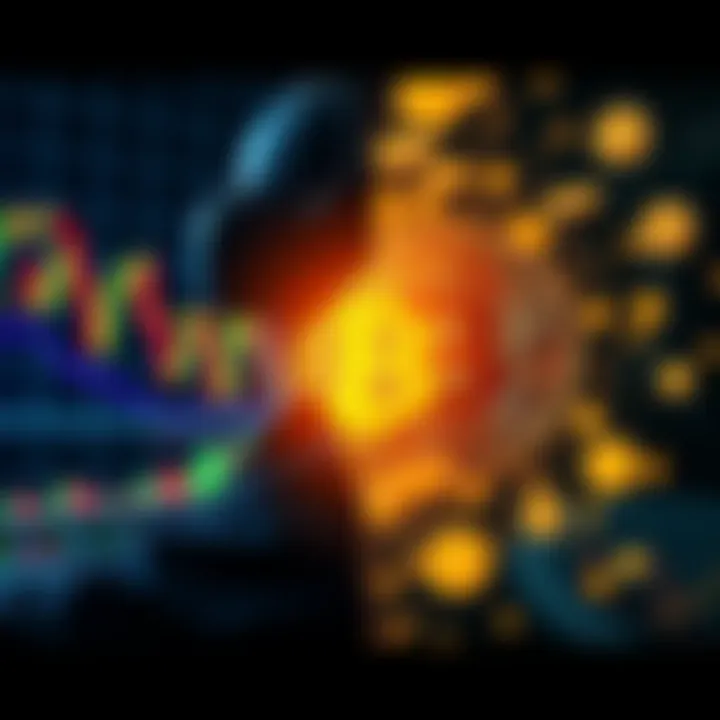 A split image showing a stock market chart on one side and Bitcoin symbols on the other, representing the clash between traditional and digital investments.