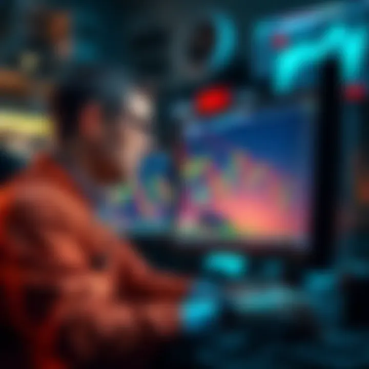 Stock Market Dip A trader analyzing stock charts on a computer, showing downward trends and potential buying points, with a cautious expression.