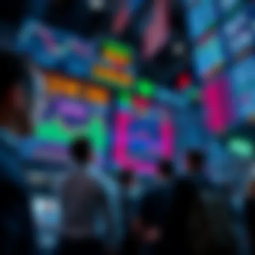 People reviewing stock charts and trading data on screens, illustrating fluctuating stock values and trading volume.