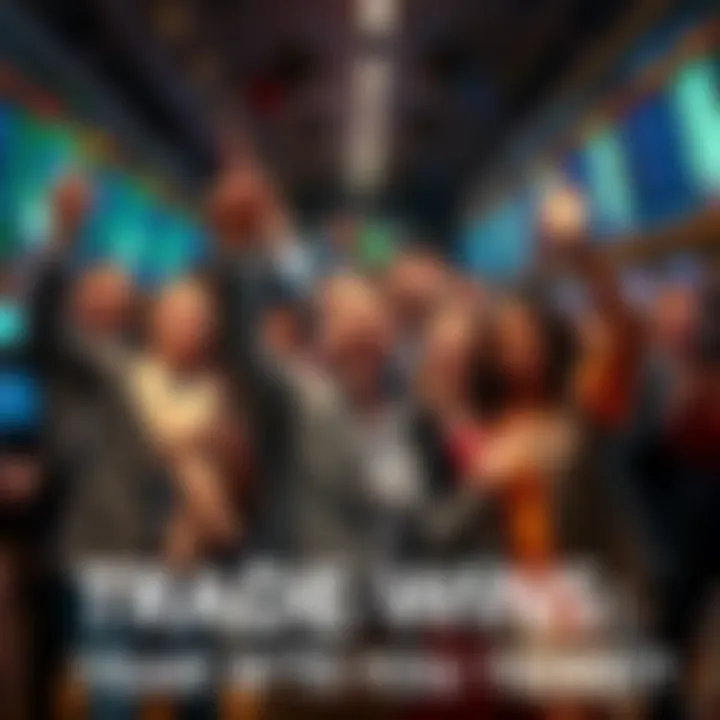 A group of diverse people celebrating a successful stock trade in a lively market setting, with various stock ticker symbols displayed.