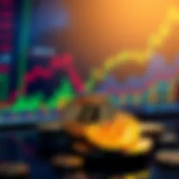 An illustration showing stocks and Bitcoin coins, representing the idea of trading one for the other.