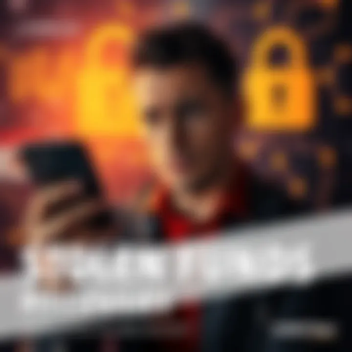 A person looking worried while holding a phone, with a background depicting a digital wallet and a lock symbolizing security issues.