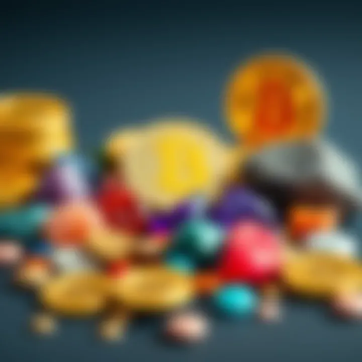 Stones and Cryptocurrency Comparison A collection of colorful stones placed next to gold coins and a digital currency symbol, highlighting the comparison between stones and cryptocurrency.