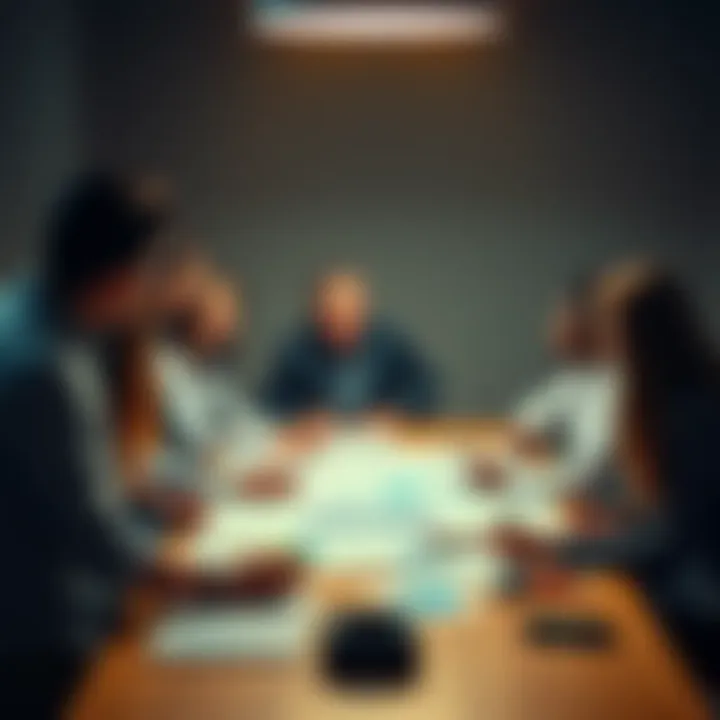 A group of diverse people brainstorming ideas around a table with charts and notes, symbolizing planning and strategy.