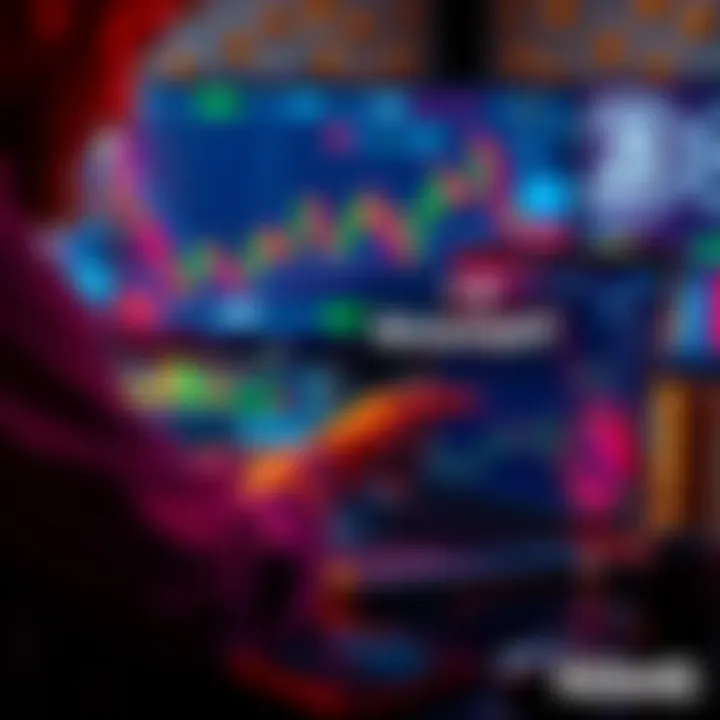 A person analyzing stock graphs and charts on a laptop with cryptocurrency symbols in the background.