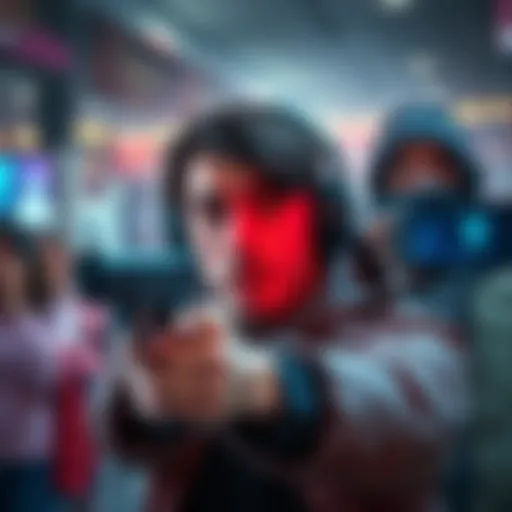 A streamer looking shocked while a person with a gun demands money in a chaotic setting.