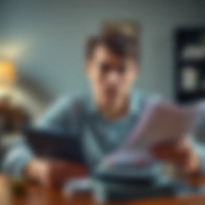 A person with a calculator and financial documents, looking worried while planning to buy a house