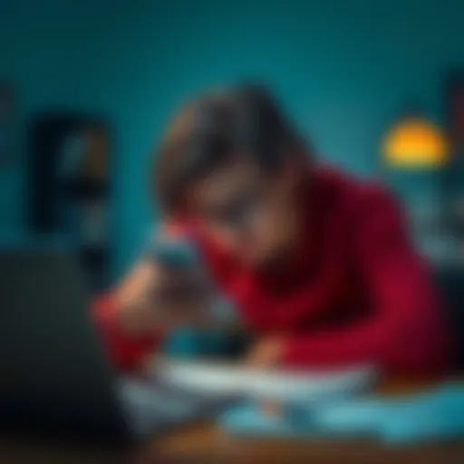 A frustrated person looking at their phone with a worried expression, surrounded by paperwork and a laptop.