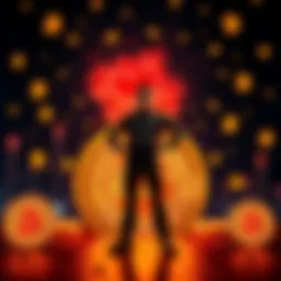 A person standing confidently in front of Bitcoin symbols, showing determination and resilience in the face of challenges.