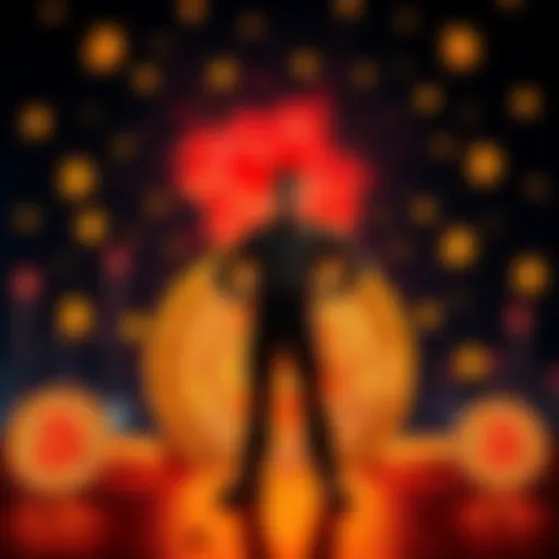 A person standing confidently in front of Bitcoin symbols, showing determination and resilience in the face of challenges.