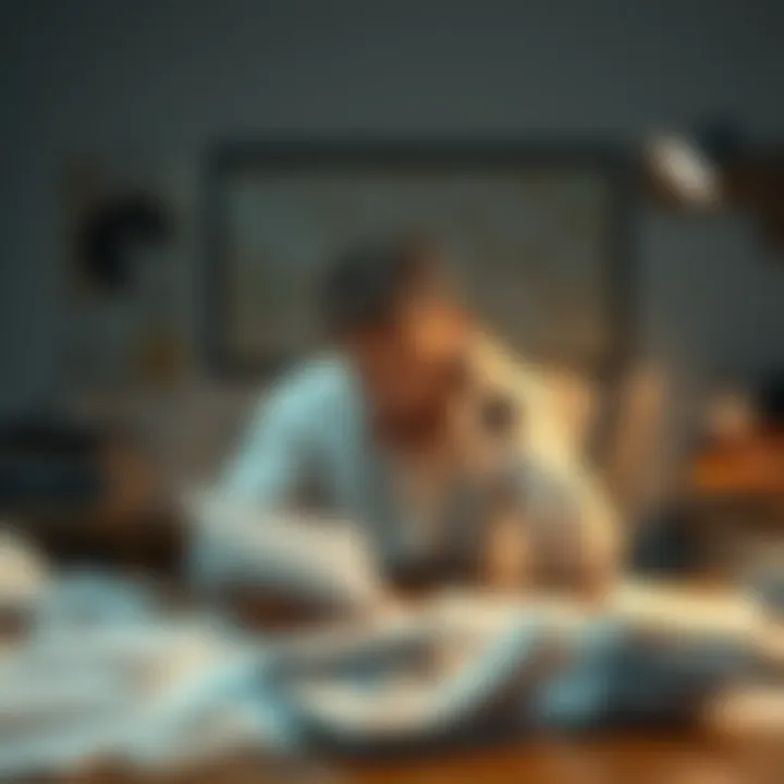 An individual sitting at a desk looking stressed, with papers scattered around, symbolizing burnout and setbacks.