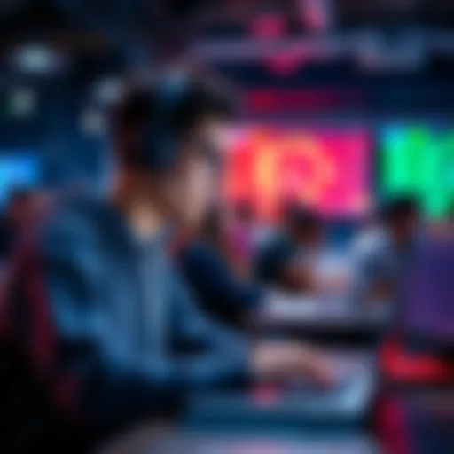 A college student working on a laptop during a hackathon, looking focused and engaged while collaborating with others.