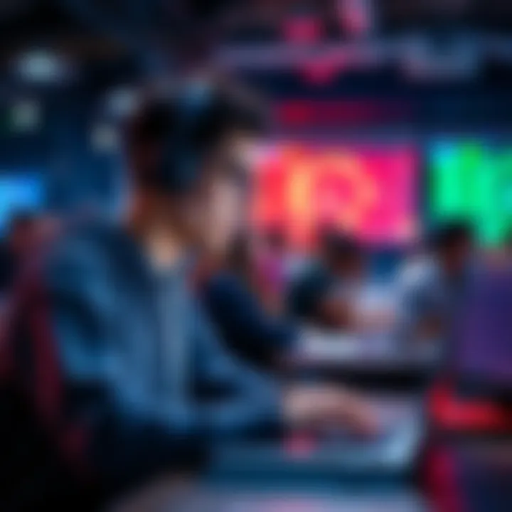A college student working on a laptop during a hackathon, looking focused and engaged while collaborating with others.