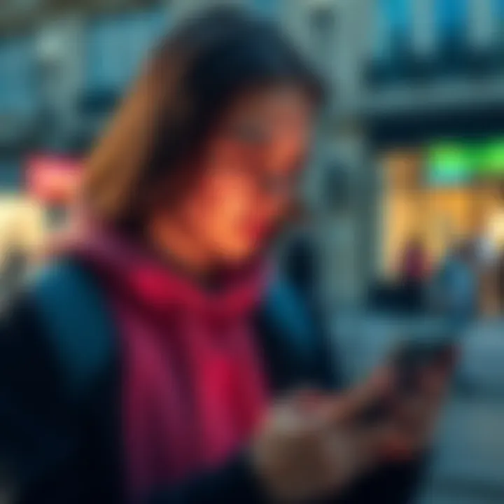 A French student explores the Revolut app on a smartphone, considering small investments in stocks and cryptocurrencies, with a focused expression.