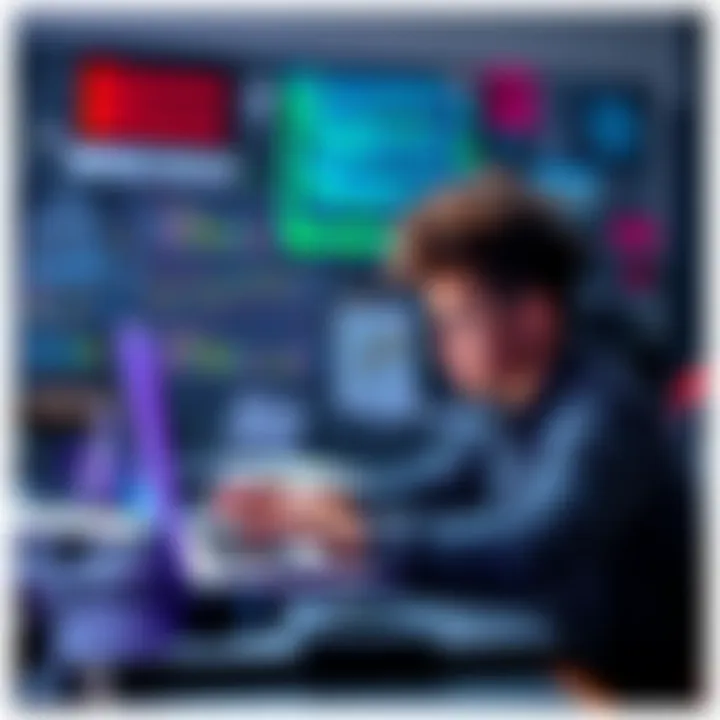 A young student focused on coding on a laptop, surrounded by notes on blockchain technology and AI concepts.