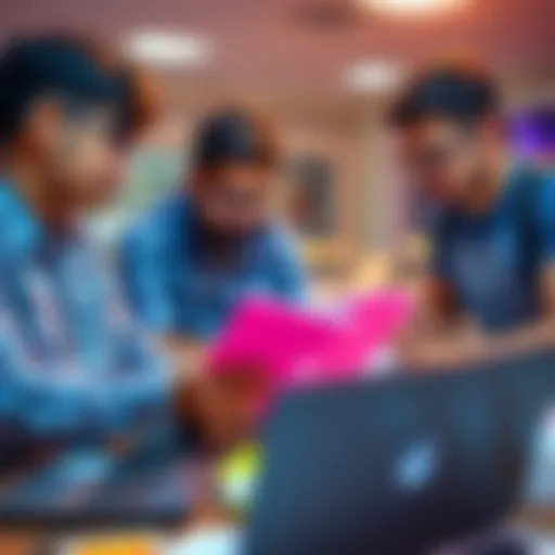 A BTech AIML student working with teammates on a laptop, discussing ideas for a hackathon project, surrounded by notes and laptops.