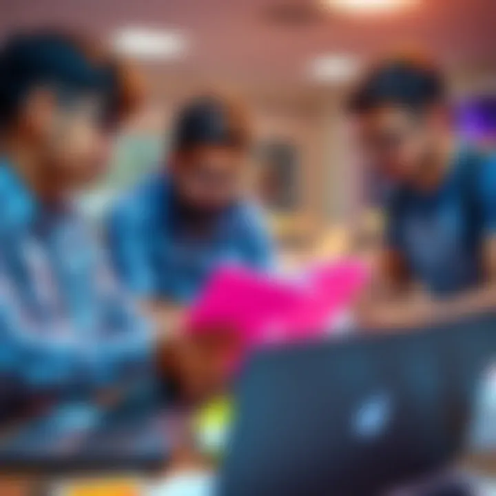 Student Collaborating on Hackathon Projects A BTech AIML student working with teammates on a laptop, discussing ideas for a hackathon project, surrounded by notes and laptops.