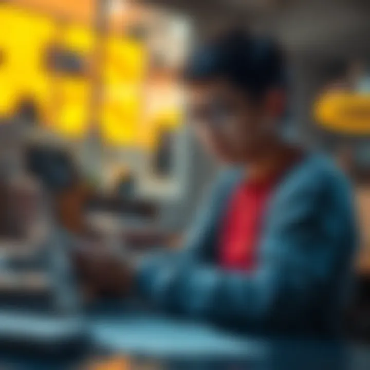 A college student looks worried while reading about AI risks on a laptop, with notes and books scattered around.