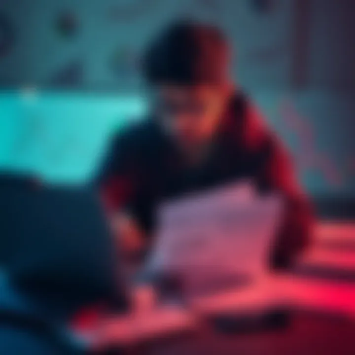 A computer science student with a laptop, brainstorming ideas for a new cryptocurrency project, surrounded by notes and charts.