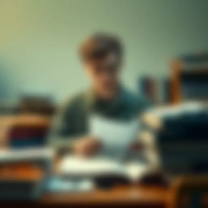 A student sits at a desk surrounded by books, looking puzzled while reviewing notes, reflecting the struggle of understanding after studying.