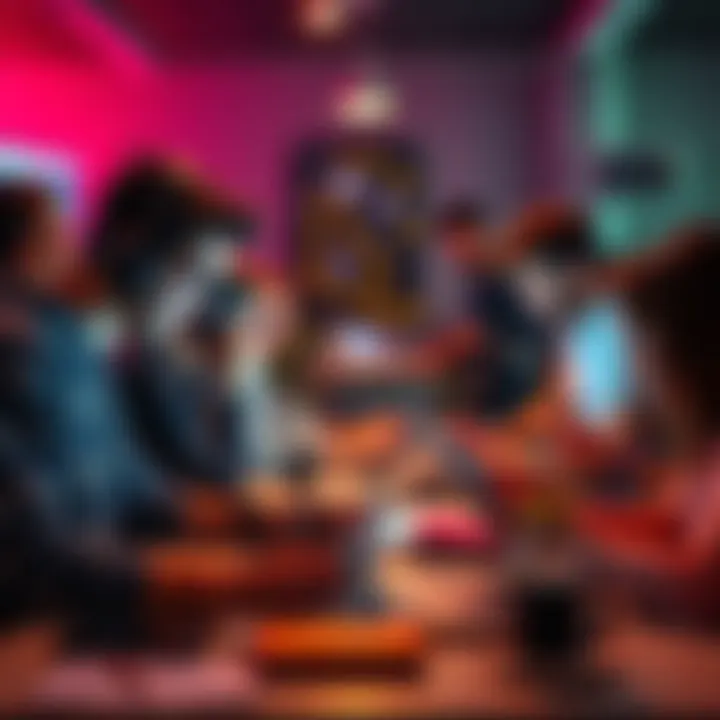 A group of students collaborating and developing mobile apps during a hackathon event, with laptops and brainstorming tools around them