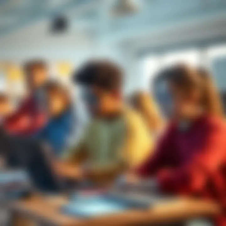 A diverse group of students engaged with AI tools on computers, collaborating and learning in a bright classroom setting.