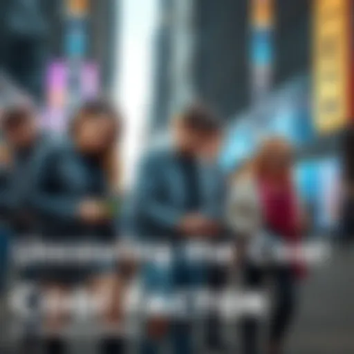 A group of trendy young people dressed in modern fashion, using technology in an urban environment, showcasing current cultural trends.