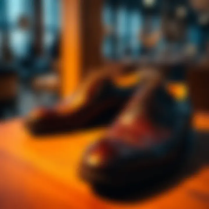 Stylish shoes on display A pair of elegant dress shoes showcased on a wooden table with soft lighting