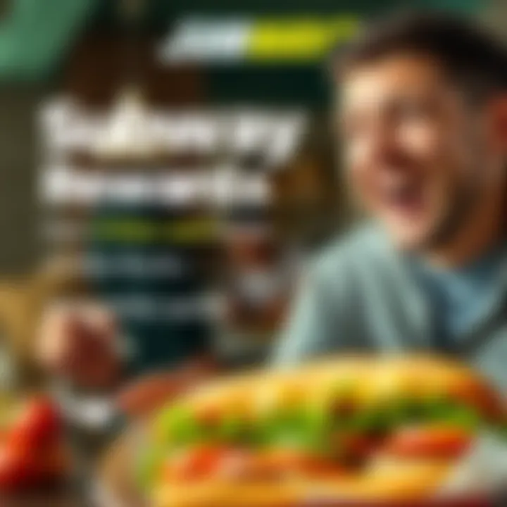 A promotional graphic showing Subway's offer of earning 3 Atlas Bucks for every dollar spent, with an image of fresh sandwich ingredients and a happy customer, highlighting value and excitement.