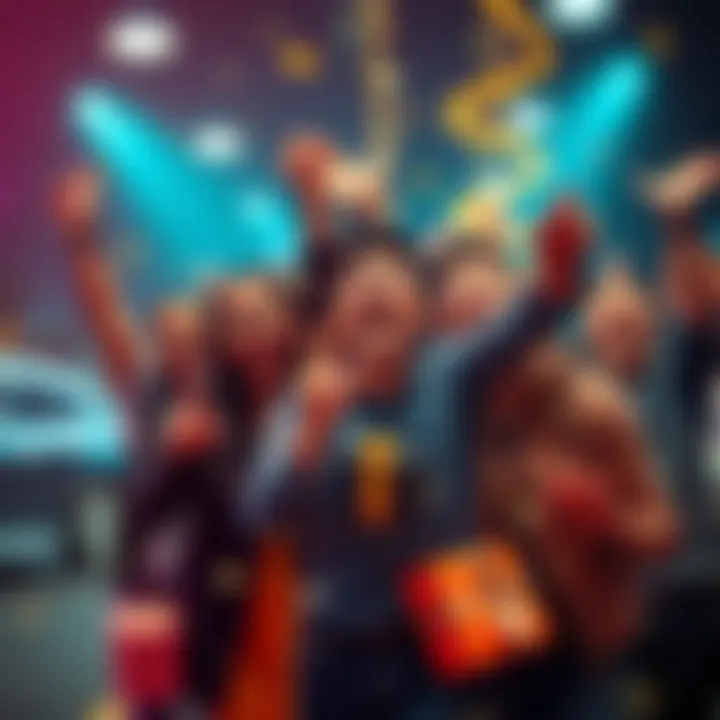 A cheerful group of people celebrating as ads reward them with gifts and cash.