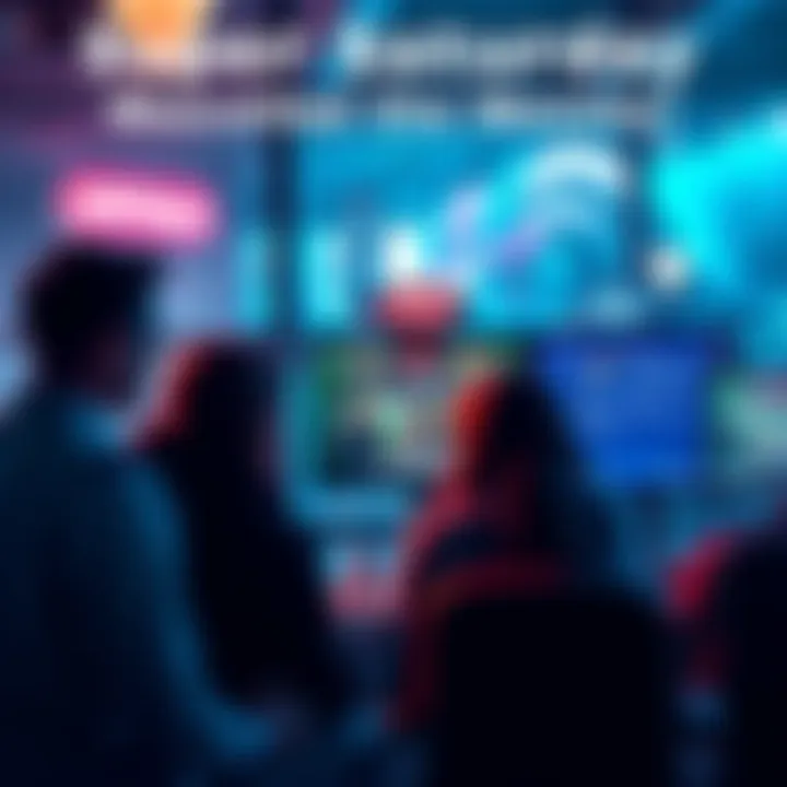 People looking at a computer screen discussing the status of Super Saturday mini games.