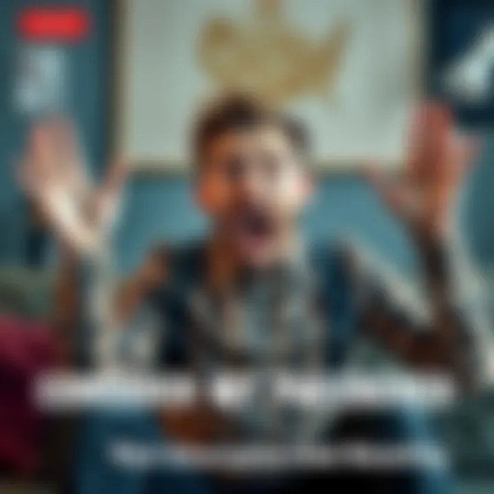 A person with wide eyes and an open mouth expressing shock and surprise, sitting on a couch with hands raised