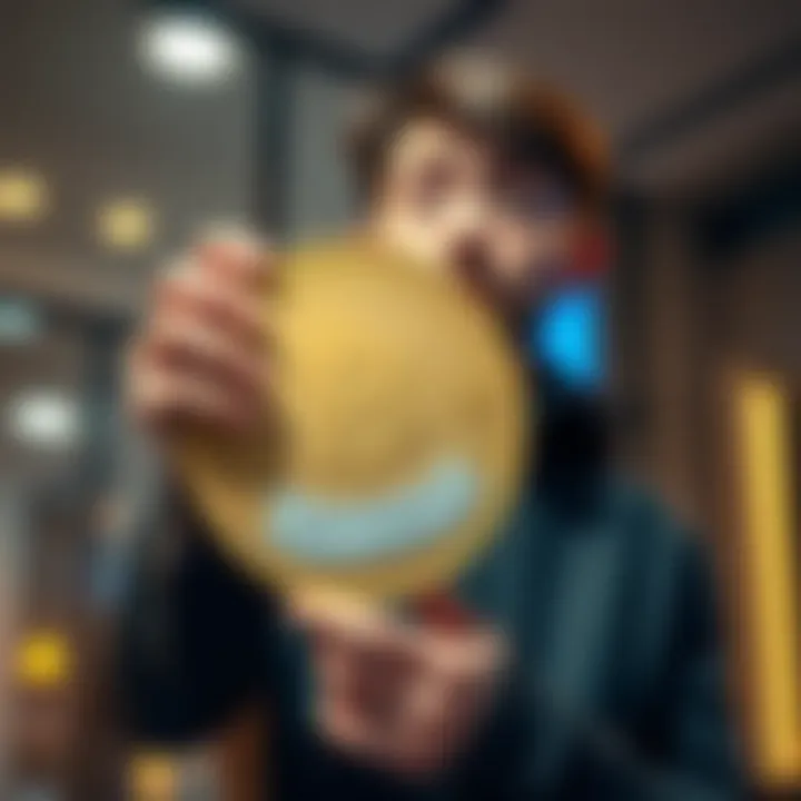 Surprised person holding a token A person looks surprised while holding a large token labeled with a high value, questioning its legitimacy.