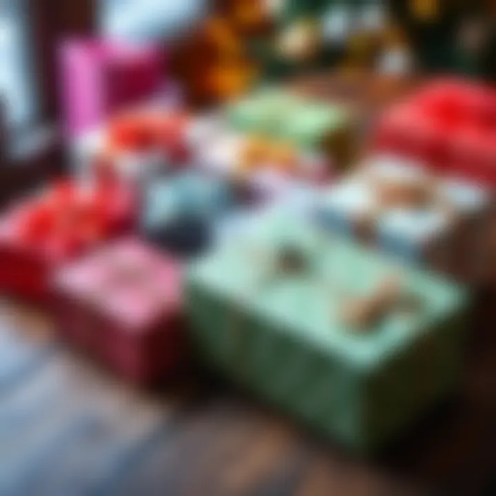 A colorful assortment of unexpected gifts wrapped in festive paper on a wooden table