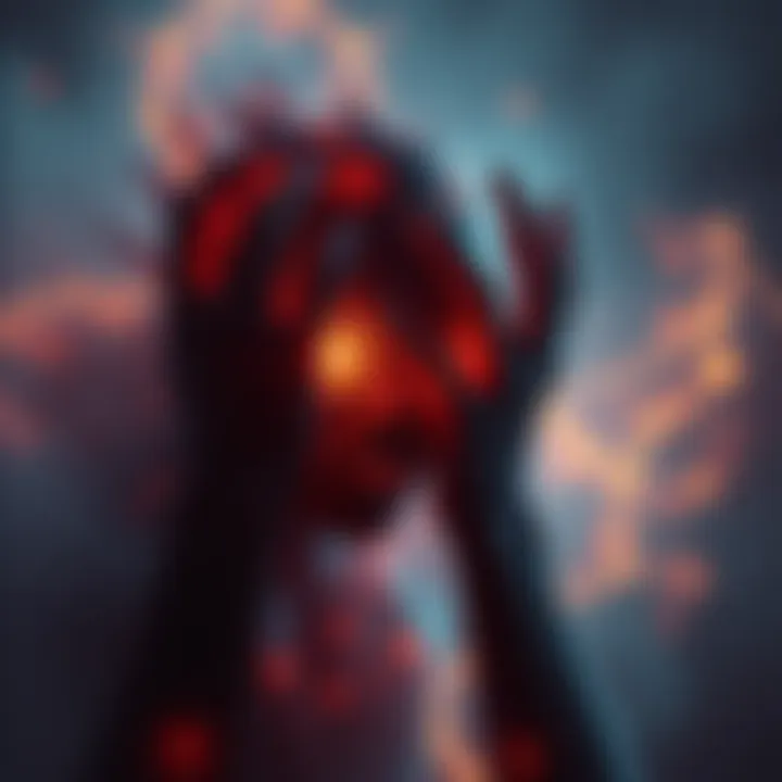 A surreal entity with a face made of hands emerging from darkness, glowing brightly