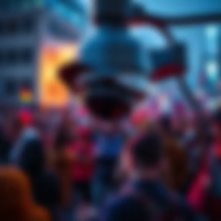 A close-up of a surveillance camera pointed at a protest gathering, highlighting activist concerns over monitoring.
