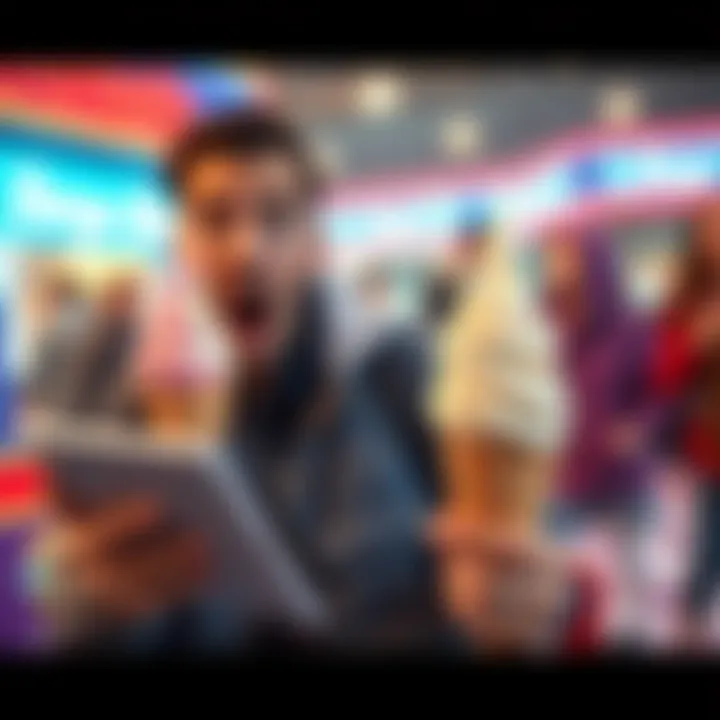 Person looking shocked while holding an ice cream cone, with survey questions on a tablet beside them