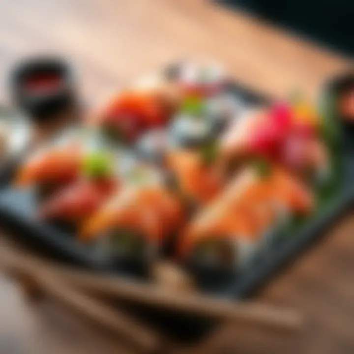 A colorful sushi platter featuring various rolls and pieces of sashimi, placed on a wooden table with chopsticks beside it