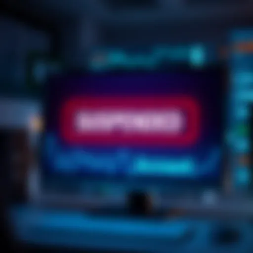 A graphic showing a computer screen with a suspended account message and money symbols