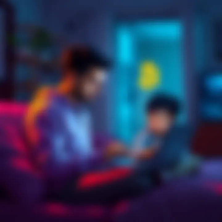 A parent using a laptop to swap Bitcoin for Tether at home with a child nearby