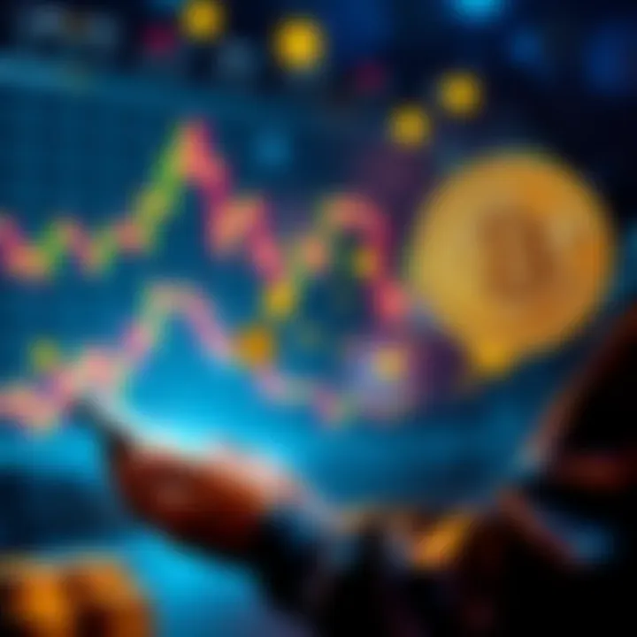 A person using a Ledger wallet to swap large amounts of cryptocurrency safely, with charts and currency symbols in the background.