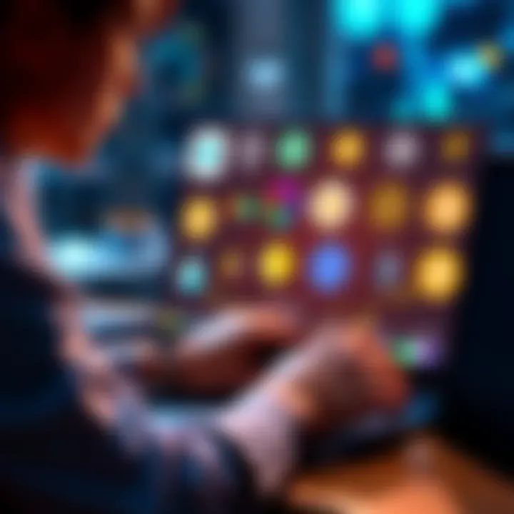 Swapping ETH Across Chains A person using a laptop to swap native ETH between blockchain networks without wrapping tokens, showing various blockchain logos on the screen.